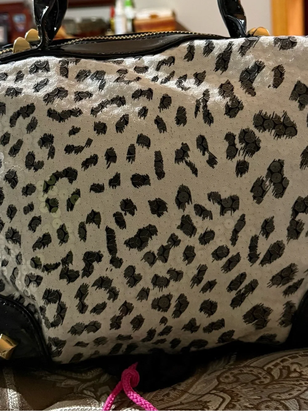 Betsey Johnson Black & White “Leopard Print Sequins” Satchel with Gold Hardwar